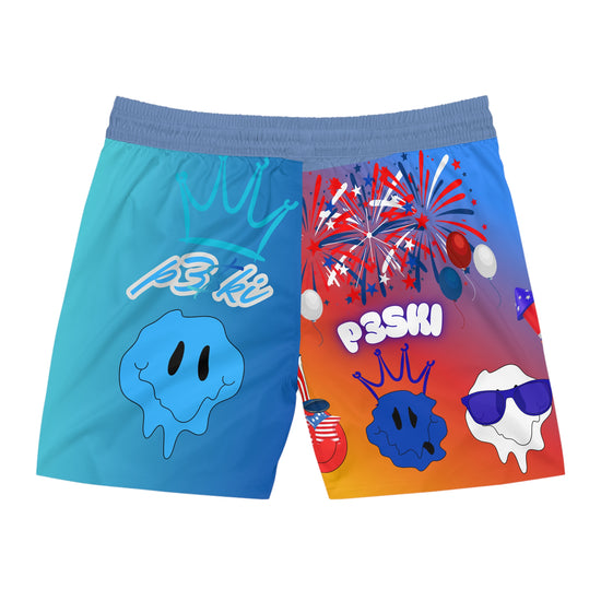 Patriotic Summer Swim Shorts — Fourth of July Fireworks & Cute Melt Faces