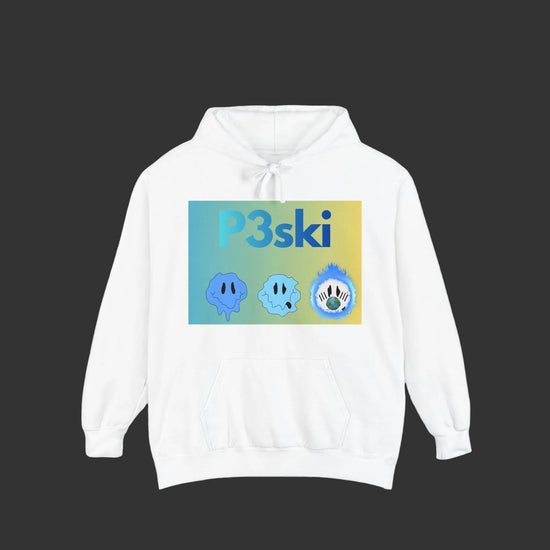 P3ski Graphic Hoodie — Retro Blue Character Sweatshirt