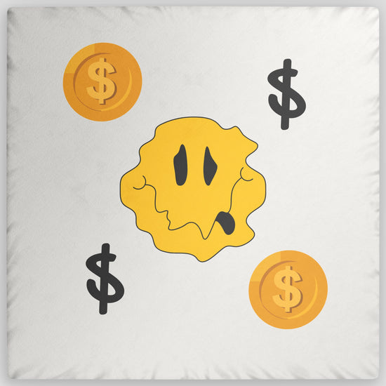 Money Smiley Pillow — Funny Drippy Face & Dollar Coin Throw Cushion